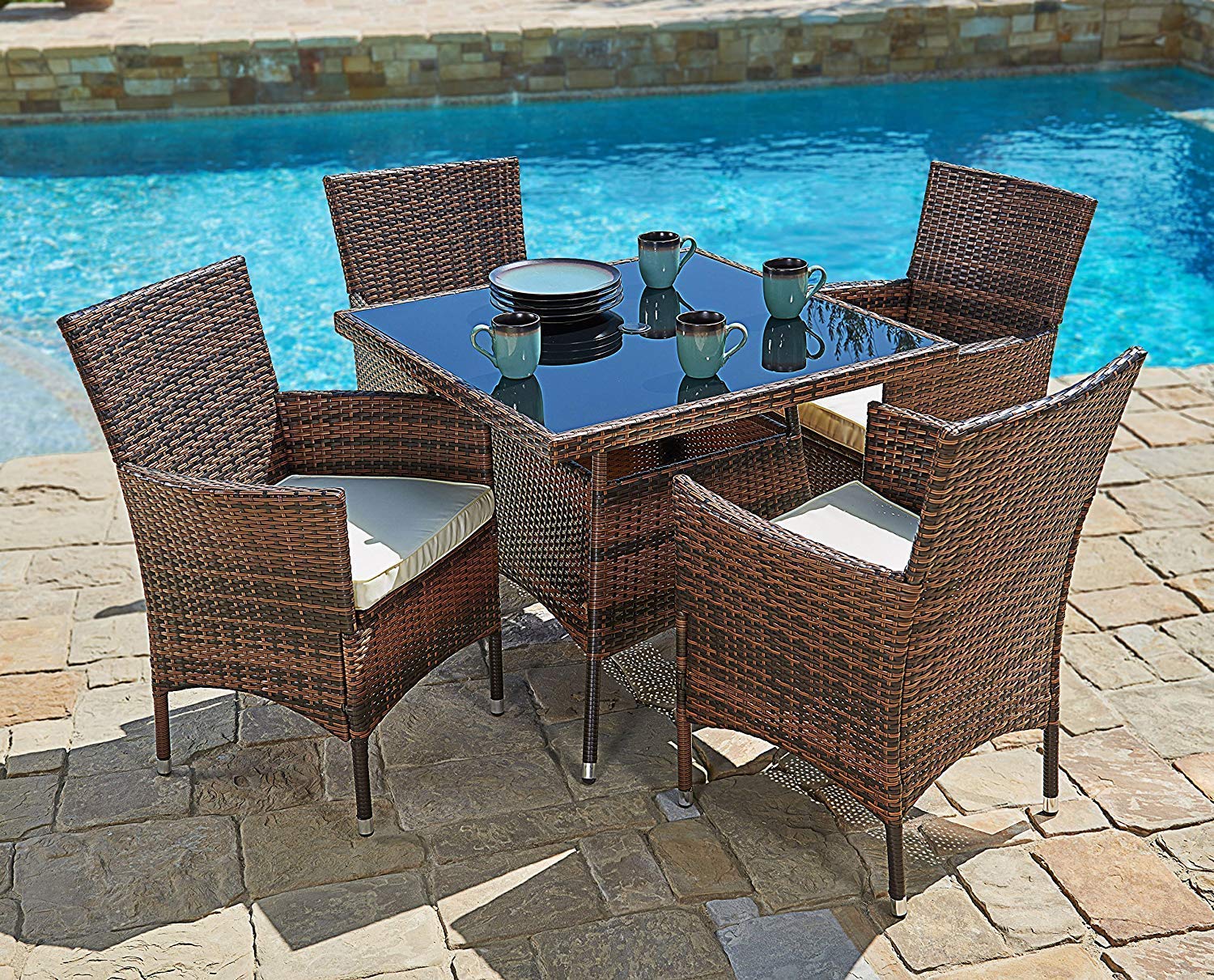 SUNCROWN Outdoor Furniture All-Weather Square Wicker Dining Table and Chairs for 4 (5-Piece Set) Washable Cushions, Patio, Backyard, Porch, Garden, Poolside, Tempered Glass Tabletop, Modern Design - image 1 of 6