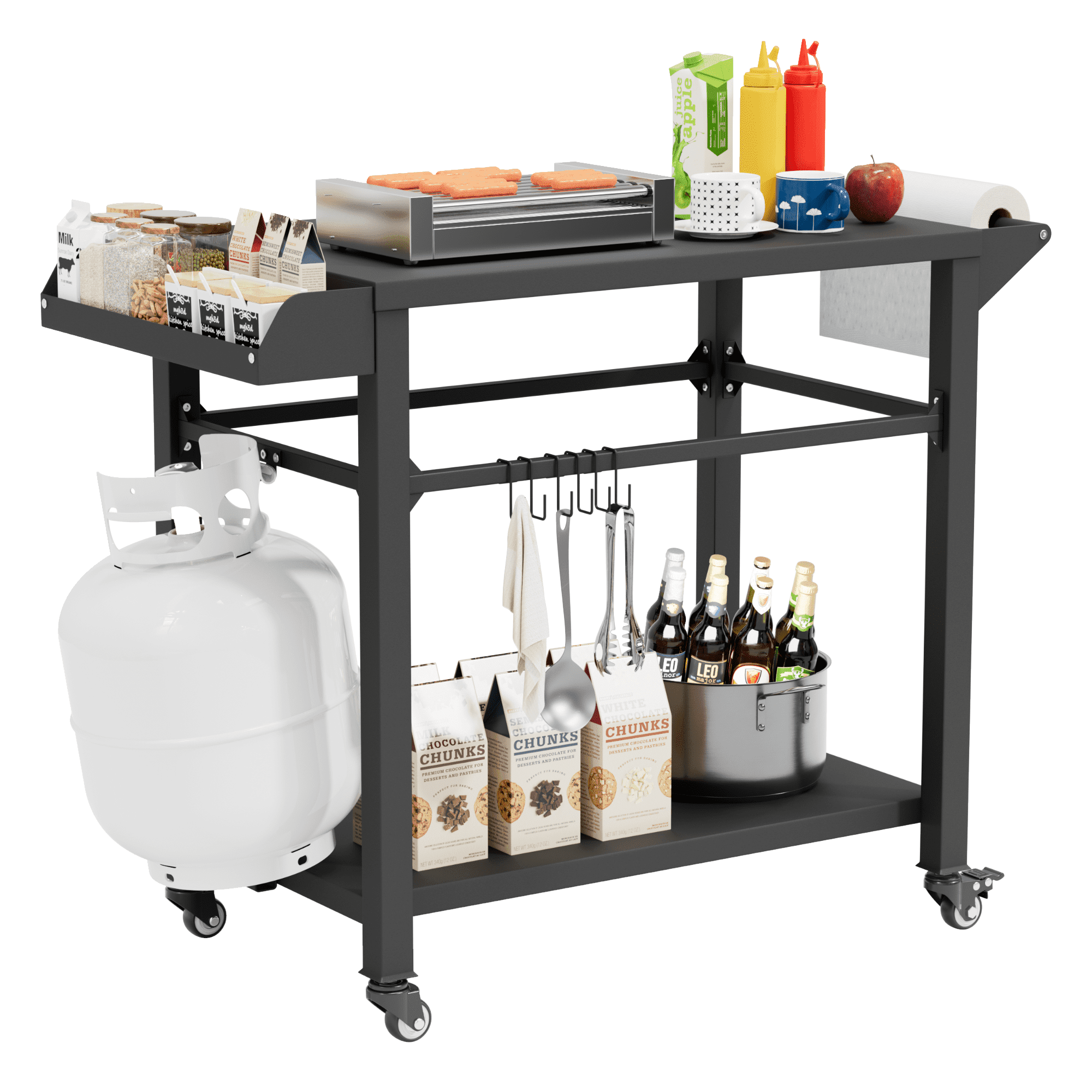 SUNCROWN Outdoor Grill Cart for Blackstone Griddle & Pizza Oven, 41" L x 20" W BBQ Prep Table with Seasoning Tray, Tool Hooks, Handrail & Wheels, Heavy-Duty Portable Cooking Cart for Camping