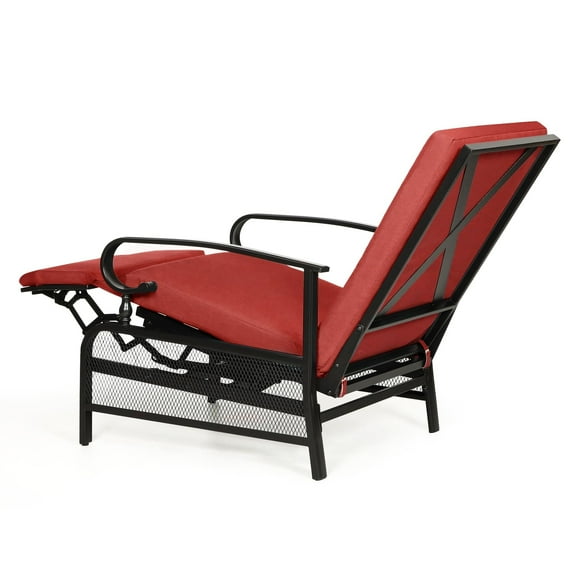 Outdoor Metal Patio Adjustable Recliner Lounge Chair & Bistro Table Set, Retractable Steel Frame and Removable Thick Cushion Red