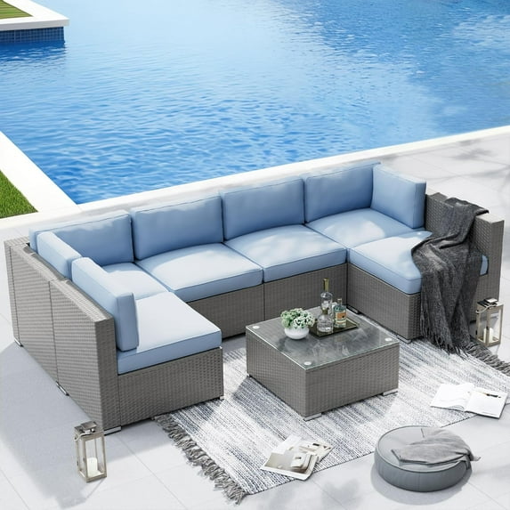 SUNCROWN Outdoor Patio Furniture Set 7 Piece Outdoor Sectional Sofa Grey Wicker Conversation Sofa Set with Coffee Table and Cushions (Light Blue)