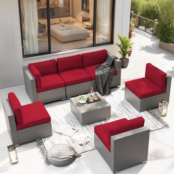 SUNCROWN Outdoor Patio Furniture Set 7 Piece Outdoor Sectional Sofa Grey Wicker Conversation Sofa Set with Coffee Table and Cushions (Red)