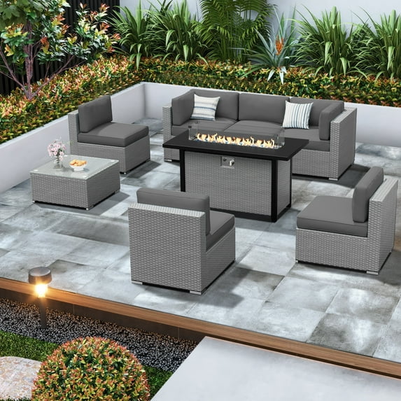 SUNCROWN Outdoor Patio Furniture Set 8 Piece Outdoor Sectional Sofa Grey Wicker Conversation Sofa Set with Coffee Table, Cushions and Fire Pit Table, Grey