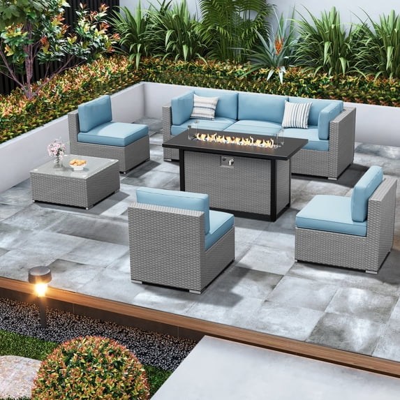 SUNCROWN Outdoor Patio Furniture Set 8 Piece Outdoor Sectional Sofa Grey Wicker Conversation Sofa Set with Coffee Table, Cushions and Fire Pit Table, Haze Blue