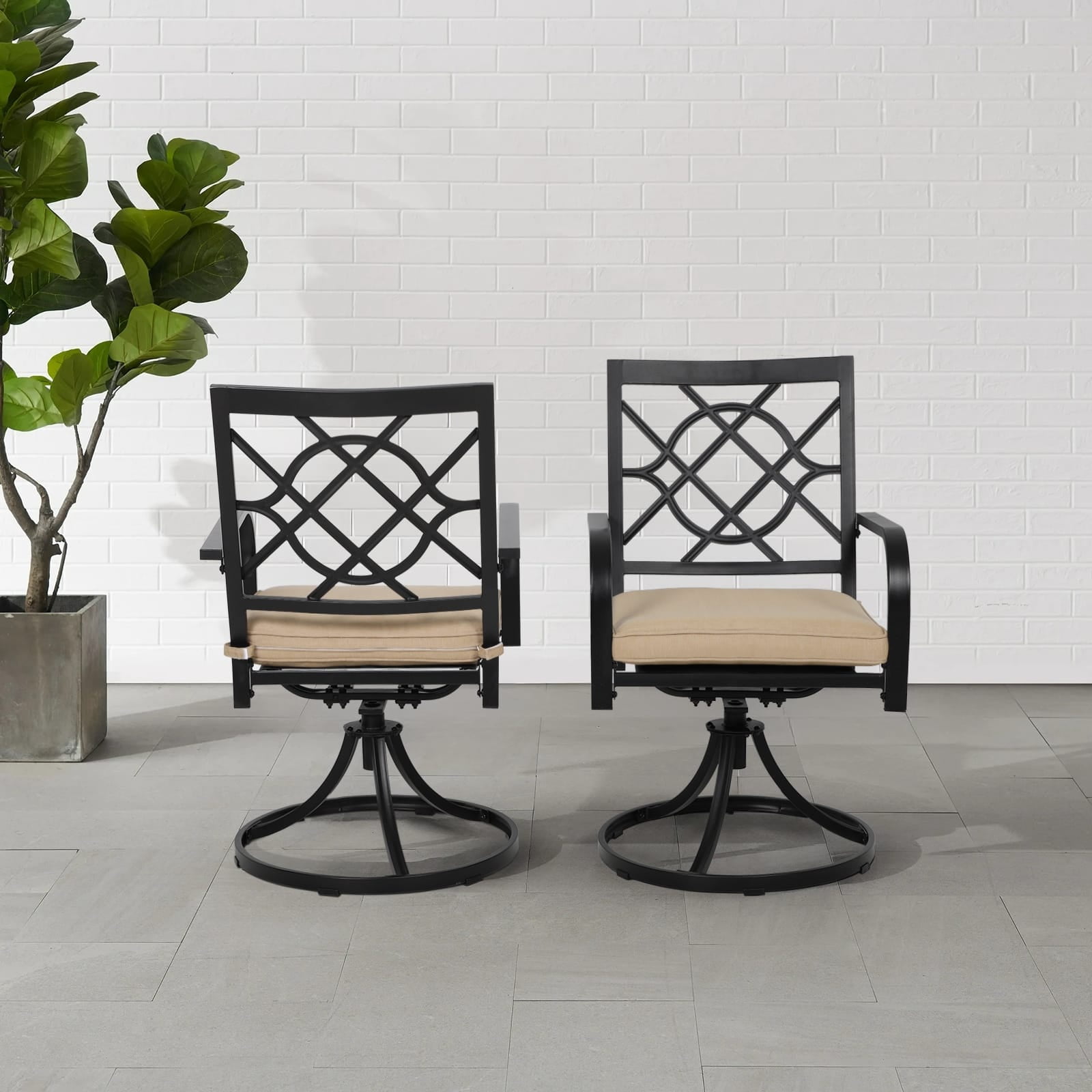 Brown Metal Swivel Dining Chairs with Cushions, Set of 2