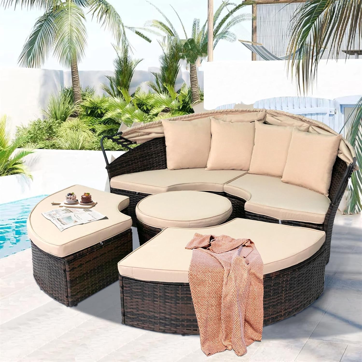 Round Window Daybed SUNCROWN Outdoor Patio Round Daybed with Retractable Canopy, Brown ...