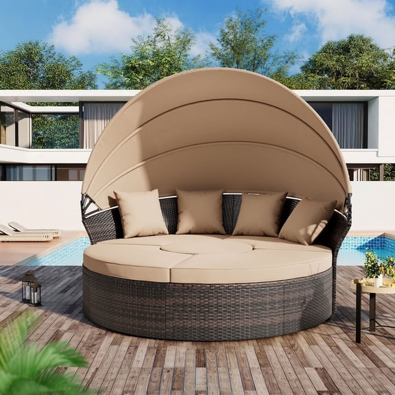 SUNCROWN Outdoor Patio Round Daybed with Retractable Canopy, Brown Wicker Furniture Clamshell Sectional Seating with Cushions, Brown
