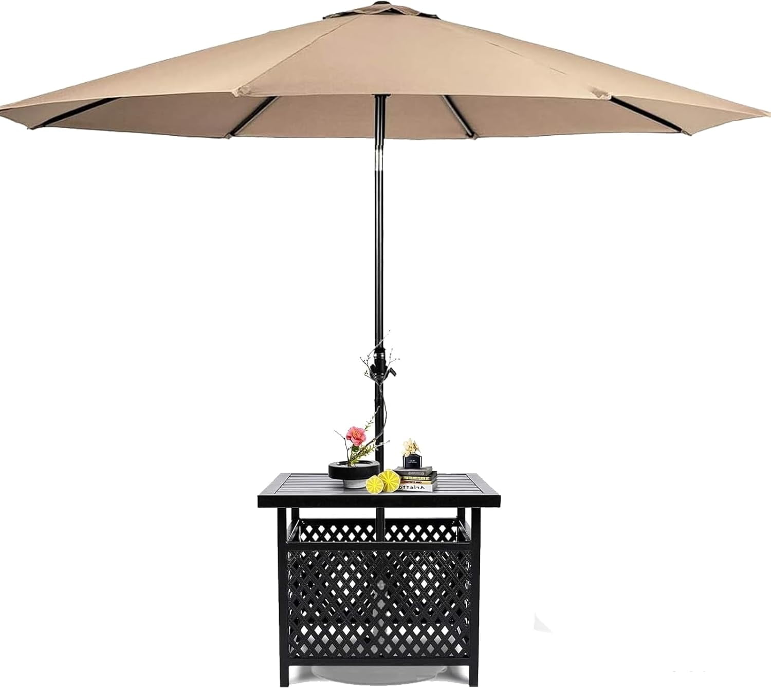 SUNCROWN Outdoor Patio Side Table, Patio Bistro Square Table with 9Ft Umbrella,for Backyard, Porch, Garden, Poolside(Brown)