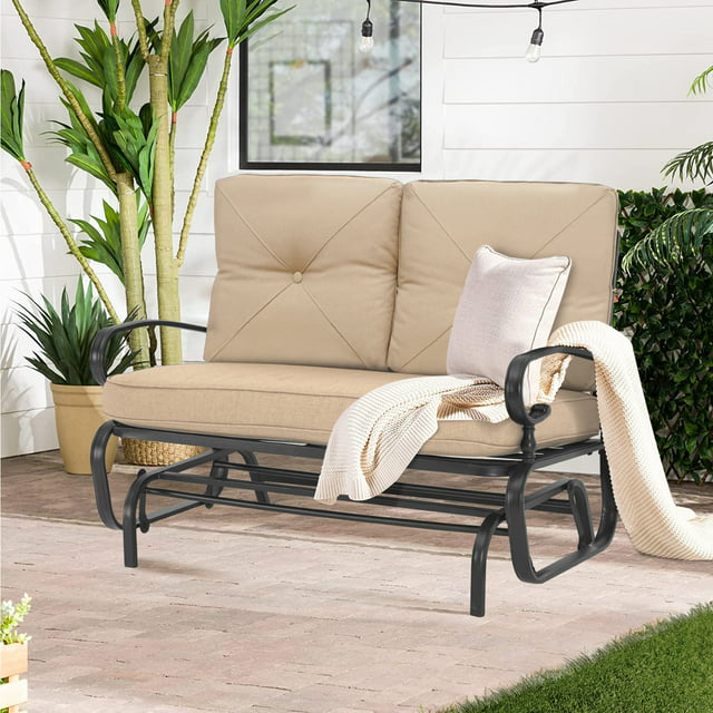 SUNCROWN Outdoor Patio Swing Glider Bench Rocking Loveseat for 2 Person, Brown