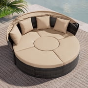 SUNCROWN Outdoor Rattan Round Retractable Canopy Daybed Patio Sofa Furniture Brown Clamshell Sectional Seating with Washable Cushions