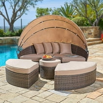 SUNCROWN Outdoor Rattan Round Retractable Canopy Daybed Patio Sofa Furniture Brown Clamshell Sectional Seating with Washable Cushions