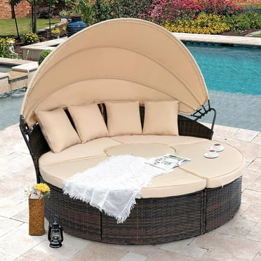 SUNCROWN Outdoor Rattan Round Retractable Canopy Daybed Patio Sofa Furniture Brown Clamshell Sectional Seating with Washable Cushions