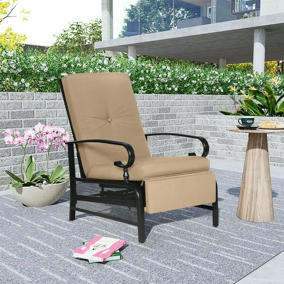 SUNCROWN Outdoor Recliner Patio Adjustable Lounge Chair with Brown Thick Cushion