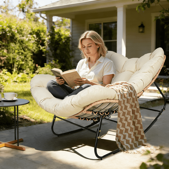 SUNCROWN Oversized Wicker Rocking Chair Indoor Outdoor, 450 LBS Heavy Duty Patio Papasan Egg Chair with Cushion, E-Coated Frame Lounge Rocker for Balcony Porch Garden Living Room, Beige