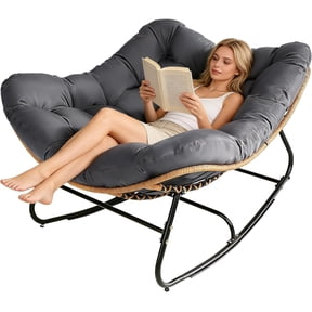 SUNCROWN Oversized Wicker Rocking Chair Indoor Outdoor, 450 LBS Heavy Duty Patio Papasan Egg Chair with Cushion, E-Coated Frame Lounge Rocker for Balcony Porch Garden Living Room, Dark Grey
