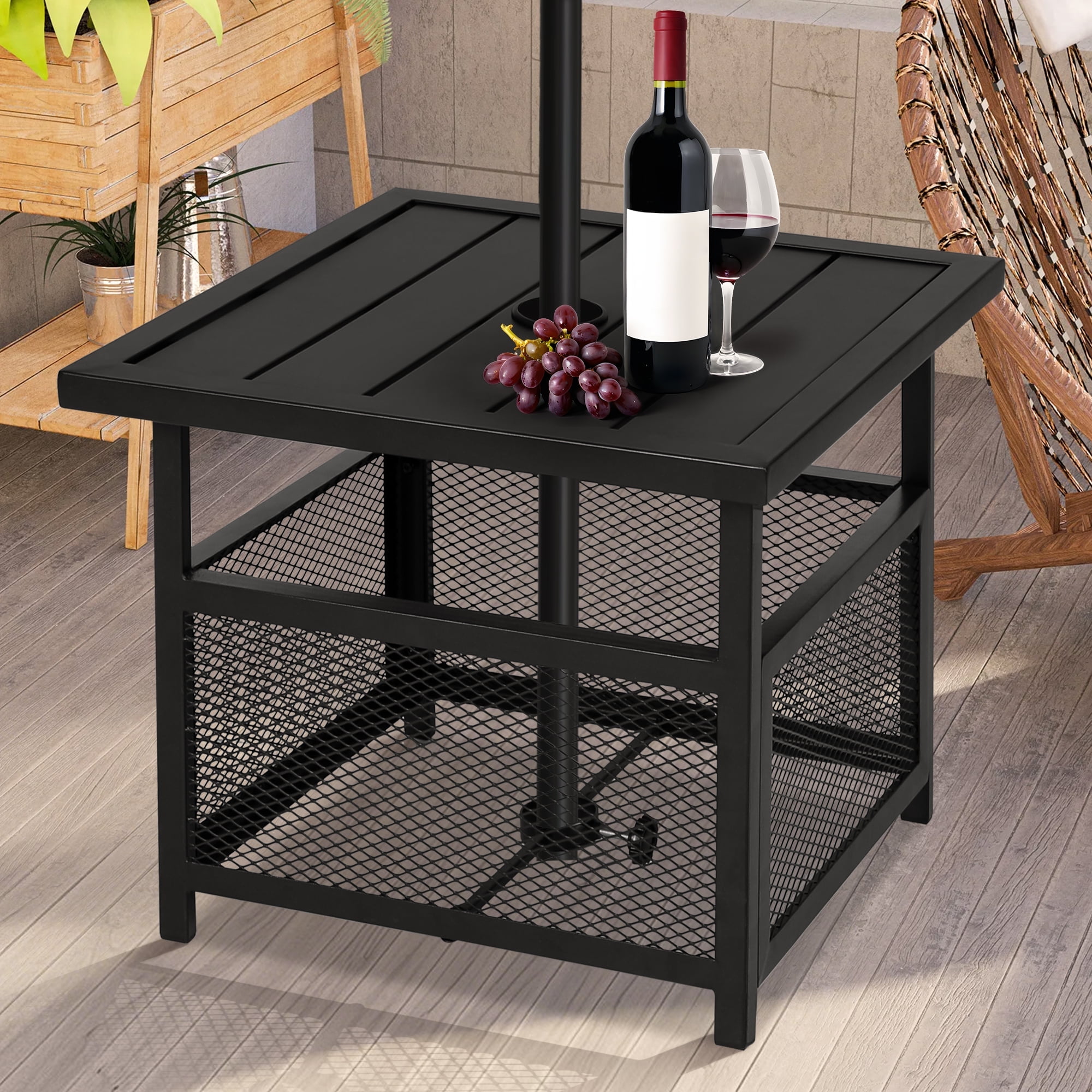"SUNCROWN Outdoor Side Table with Umbrella Pole Holder, Square Metal Patio Bistro Table with 1. ...