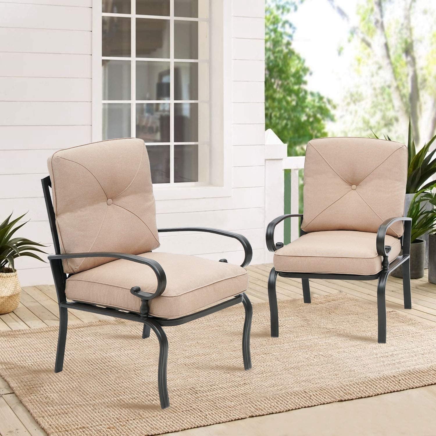 SUNCROWN Patio Furniture Outdoor Dining Chair Black Wrought Iron Bistro Sets with Brown Cushions (Set of 2)