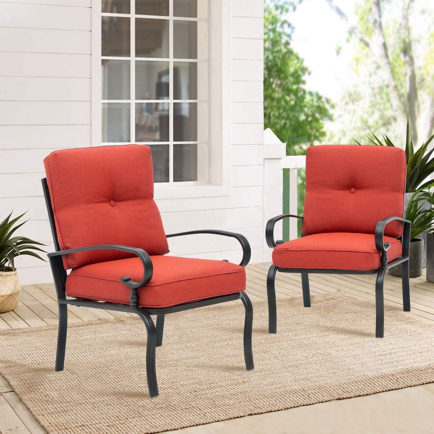 SUNCROWN Patio Furniture Outdoor Dining Chair Black Wrought Iron Bistro Sets with Red Cushions (Set of 2)