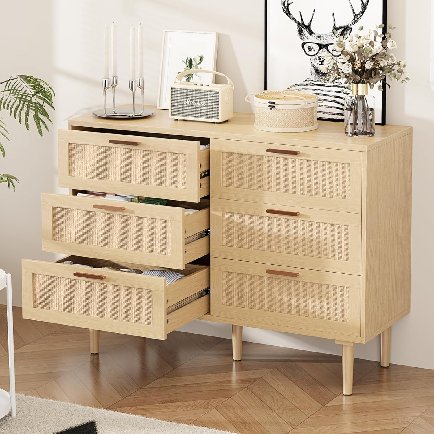SUNCROWN Rattan Dresser, 6 Drawer Double Dressers for Bedroom, Boho