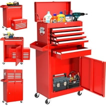 SUNCROWN Red Tool Chest, 5-Drawer Rolling Tool Chest with Detachable Top Tool Box, Tool Chest with Universal Lockable Wheels, Metal Tool Cart for Garage, Workshop, Barbershop