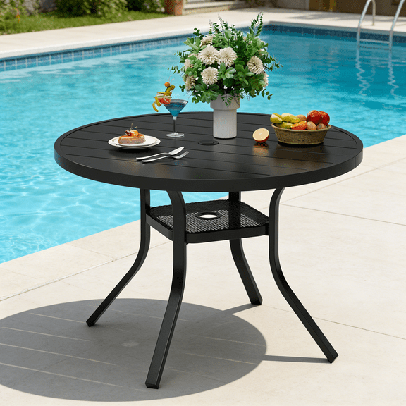 SUNCROWN Round Patio Dining Table, 41-inch Outdoor Metal Table with Umbrella Hole and Lower Storage Shelf, Weather-Resistant Black Slatted Table for Backyard, Deck, Garden