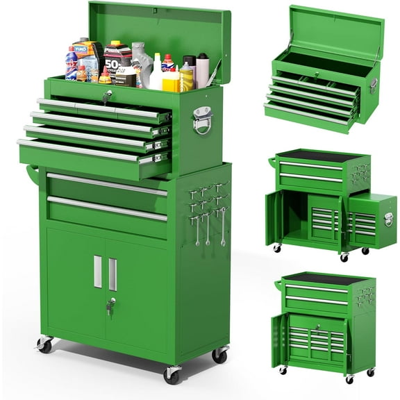 SUNCROWN Tool Chest,8-Drawer Rolling Tool Chest with Detachable Top Tool Box, Tool Chest with Universal Lockable Wheels, Metal Tool Cart for Garage, Workshop, Barbershop(Green)