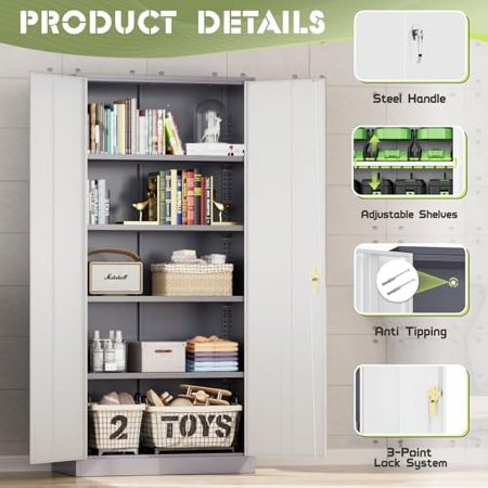 SUNCROWN Upgrade Metal Garage Storage Cabinet, Large 72" Locking Steel Garage Cabinets with 4 Adjustable Shelves and 2 Doors,Metal Lockable Tool Cabinets for Garage, Office,Home, Grey White