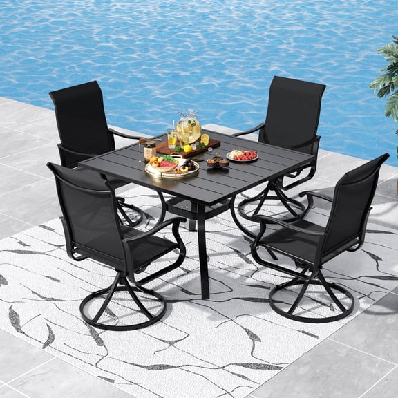 SUNCROWN5-Piece Patio Dining Set, Square Metal Table with Umbrella Hole & 4 Swivel Mesh Chairs, Weather-Resistant Outdoor Furniture Set for Backyard, Deck, Garden, Black Frame with Black Mesh