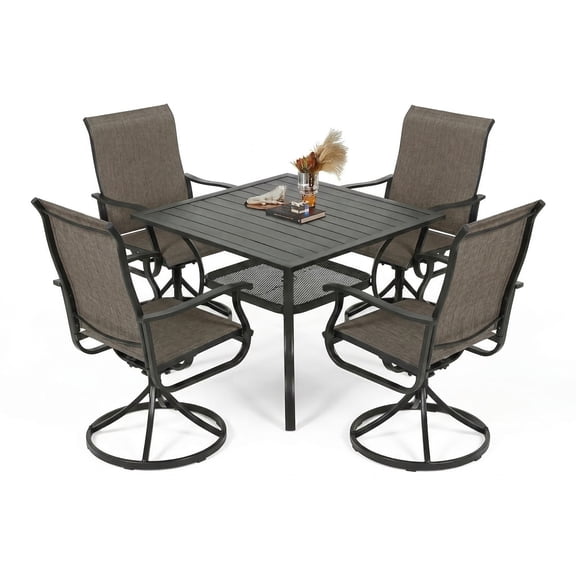 SUNCROWN5-Piece Patio Dining Set, Square Metal Table with Umbrella Hole & 4 Swivel Mesh Chairs, Weather-Resistant Outdoor Furniture Set for Backyard, Deck, Garden, Black Frame with Brown Mesh