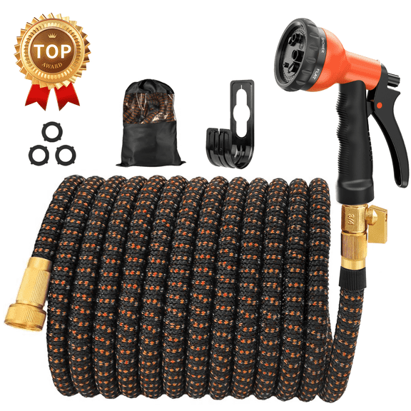 SUNDAN Expandable Garden Hose 100ft No Kink Flexible Water Hoses for Outdoor with 8-Pattern Spray Nozzle(Black/Orange)