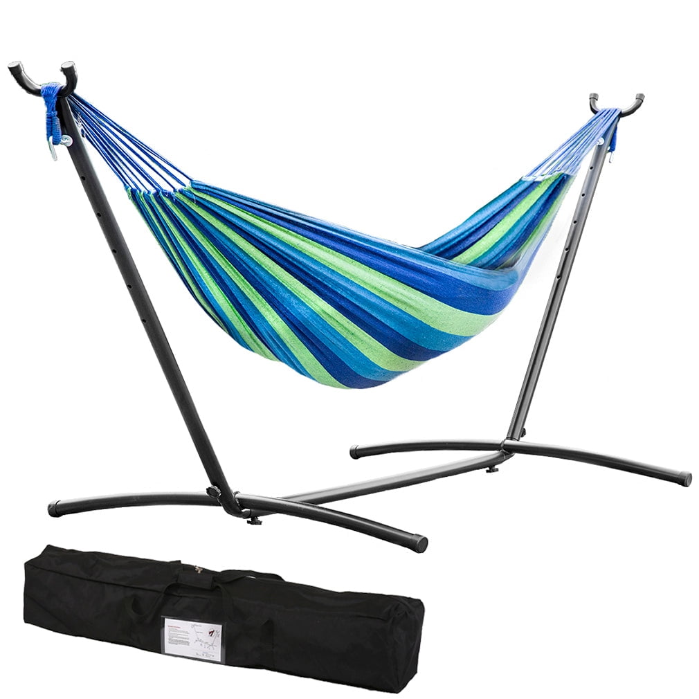 SUNDAN Two Person Hammock Adjustable Hammock Bed with Space Saving Steel Stand Portable Carrying Case Easy Set Up Indoor Hammock Standing Hammock for