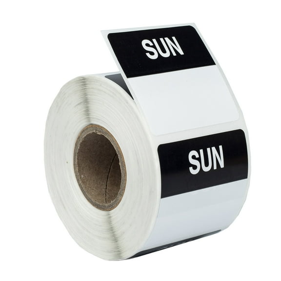 SUNDAY (Day of the Week) Labels, Black/White, 500 labels per roll, 1-9/16" x 1-9/16" or 40mmx40mm, 2 Rolls