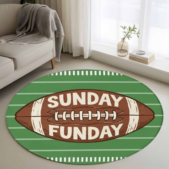 SUNDAY FUN DAY 4FT Round Area Rugs American Rugby Football Green Stripes Soft Small Round Rug Non-Slip, Ultra-Thin Indoor Circle Carpet for Bedroom Entryway Kitchen Bathroom