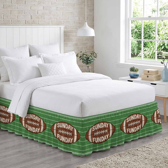 SUNDAY FUN DAY Bed Skirt California King Size 18 Inch Drop, American Rugby Football Green Stripes Adjustable Elastic Dust Ruffles Bedskirt Wrap Around Pleated Mattress Frame Cover
