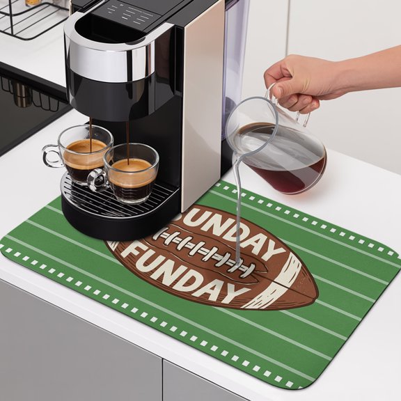 SUNDAY FUN DAY Dish Drying Mats for Kitchen Counter, American Rugby Football Green Stripes Absorbent Coffee Bar Mat with Non-slip Rubber Backed Quick Drying Dish Rack Pad 12"x16"