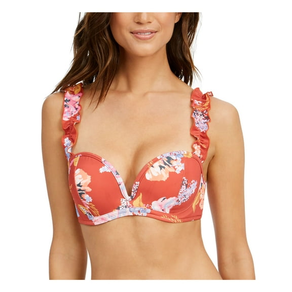 SUNDAZED Women's Orange Floral Bra-Sized Sweetheart Neck Adjustable Ruffled Skye Underwire Swimsuit Top 36DD