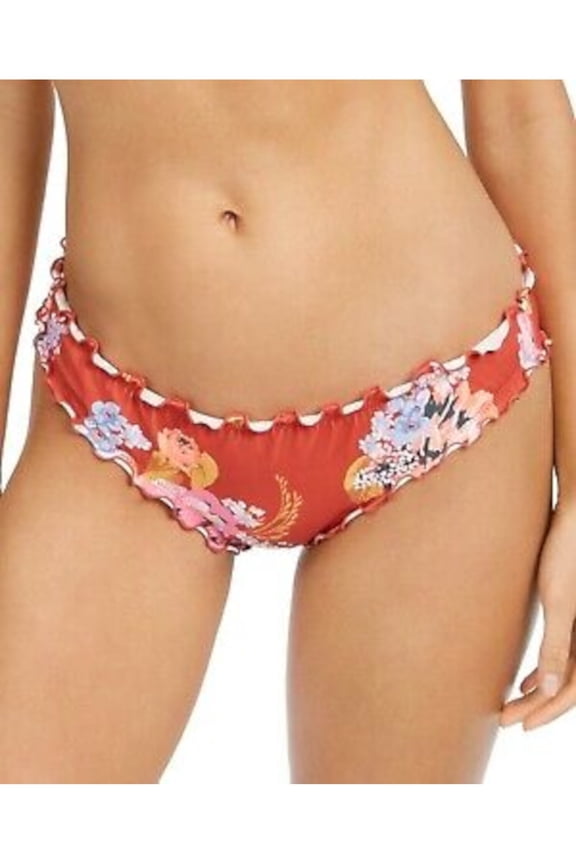 Women's Orange Floral Stretch Ruffled Lined Moderate Coverage Shirred Bikini Swimsuit Bottom S