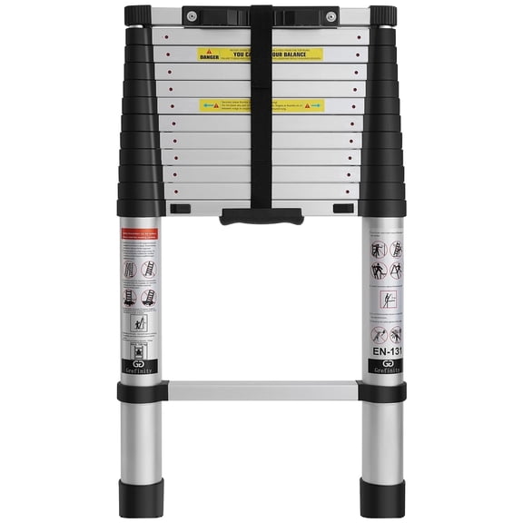 SUNDEER 12.5ft Aluminum Telescoping Ladder 375lbs Load Capacity One Button Retraction Telescopic Extension Ladder