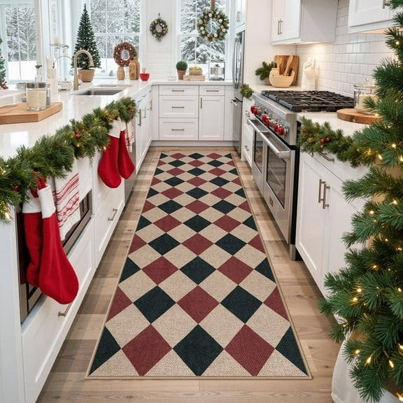 SUNDEREY 2'6"x8' Christmas Hallway Runner Rug, 2.6x8ft Geometric Kitchen Rug,Non Slip Easy Jute Entryway Rug,Machine Washable, Checkerboard Indoor Outdoor Carpet for Entry Front Door,Red&Black