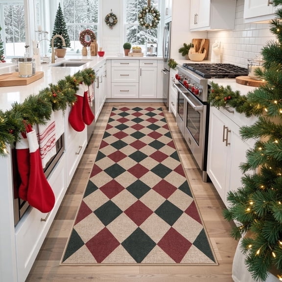 SUNDEREY 2'6"x8' Christmas Hallway Runner Rug, 2.6x8ft Geometric Kitchen Rug,Non Slip Easy Jute Entryway Rug,Machine Washable, Checkerboard Indoor Outdoor Carpet for Entry Front Door,Red&Green