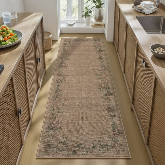 SUNDEREY 2'6"x8' Floral Easy Jute Kitchen Rug,Runner Rugs 2.6x8ft Hallway Easy Jute Rug,Non Slip Washable Rug,Soft Non-Slip Khaki Indoor Carpet for Entryway Laundry Bedroom,Wreath&Fleur