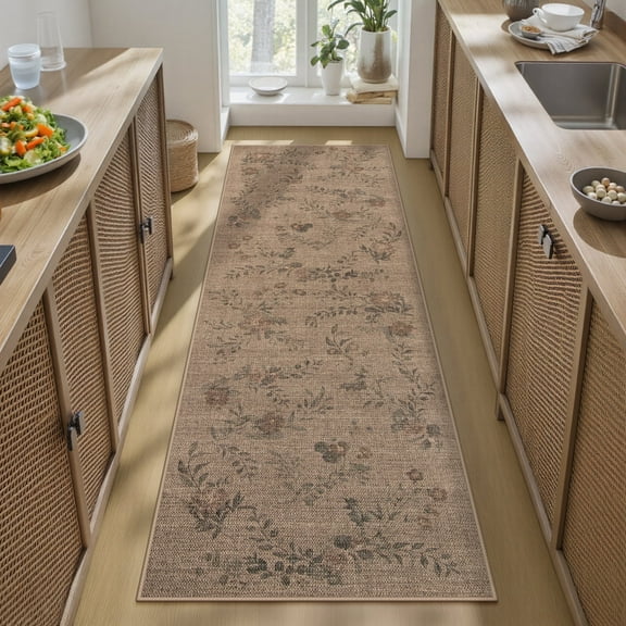 SUNDEREY 2'6"x8' Floral Easy Jute Kitchen Rug,Runner Rugs 2.6x8ft Hallway Easy Jute Rug,Non Slip Washable Rug,Soft Non-Slip Khaki Indoor Carpet for Entryway Laundry Bedroom,Vine&Fleur