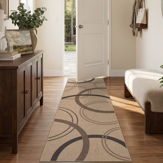 SUNDEREY 2'6"x8' Geometri Kitchen Rug,Runner Rugs 2.6x8ft Hallway Easy Jute Rug,Non Slip Washable Circular Pattern Rug,Soft Non-Slip Khaki Indoor Carpet for Entryway Laundry Bedroom,Khaki