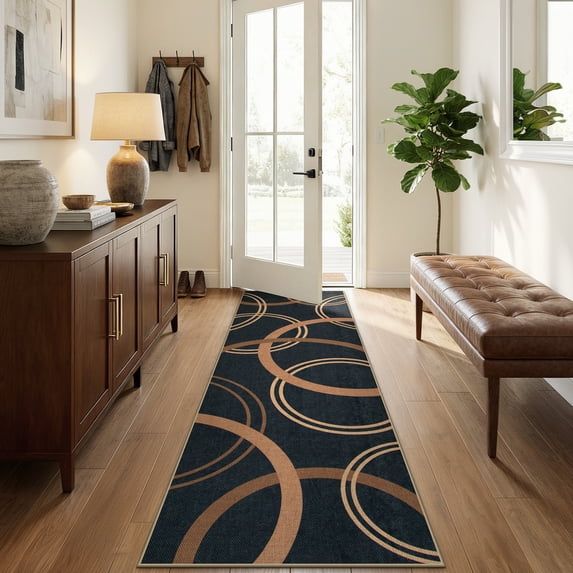 SUNDEREY 2'6"x8' Geometri Kitchen Rug,Runner Rugs 2.6x8ft Hallway Easy Jute Rug,Non Slip Washable Circular Pattern Rug,Soft Non-Slip Khaki Indoor Carpet for Entryway Laundry Bedroom,Black