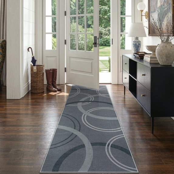 SUNDEREY 2'6"x8' Geometri Kitchen Rug,Runner Rugs 2.6x8ft Hallway Easy Jute Rug,Non Slip Washable Circular Pattern Rug,Soft Non-Slip Khaki Indoor Carpet for Entryway Laundry Bedroom,Grey
