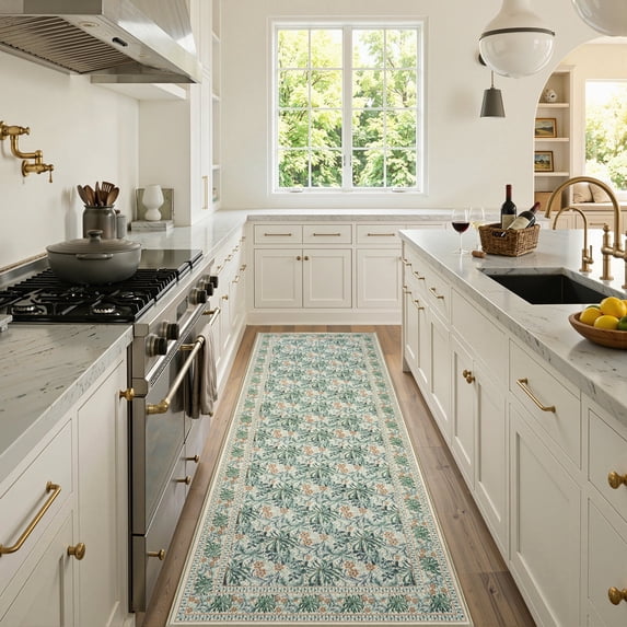 SUNDEREY 2'6"x8' Vintage Floral Kitchen Rug,Runner Rugs 2.6x8ft Boho Hallway Rug,Non Slip Washable Rug,Soft Non-Slip Khaki Indoor Carpet for Entryway Laundry Bedroom,Beige