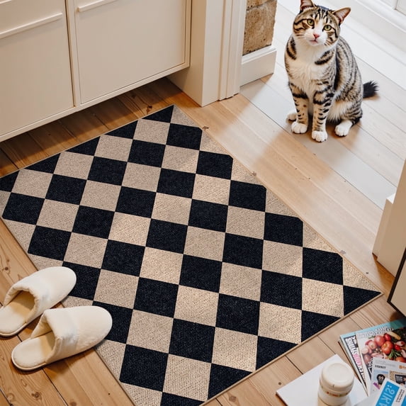 SUNDEREY 2'x3' Easy Jute Area Rug, Washable Small Front Door Mat Rug for Entryway Non Slip, Modern Geometric Kitchen Mats for Floor, Checkered Indoor Carpet for Living Room Bathroom RV,Black