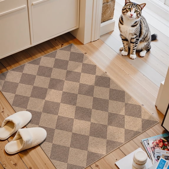 SUNDEREY 2'x3' Easy Jute Area Rug, Washable Small Front Door Rugs for Entryway Non Slip, Modern Geometric Checkered Door Mat Indoor Carpet for Entrance Couch Kitchen Bathroom RV,Khaki