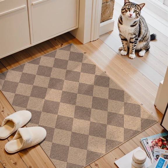 SUNDEREY 2'x3' Easy Jute Area Rug, Washable Small Front Door Rugs for Entryway Non Slip, Modern Geometric Checkered Door Mat Indoor Carpet for Entrance Couch Kitchen Bathroom RV,Khaki