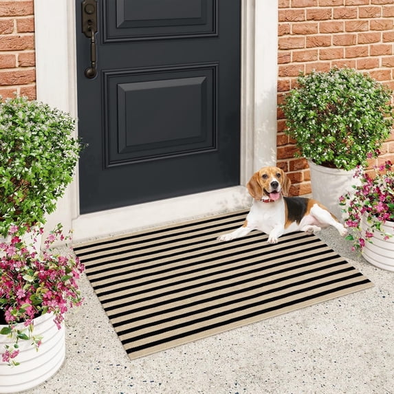 SUNDEREY 2'x3' Outdoor Rugs,Brown and Black Striped Rug,Washable Small Front Door Mat Farmhouse Front Porch Rug Decor,Cotton Entryway Rug for Kitchen Hallway Bedroom Laundry Room