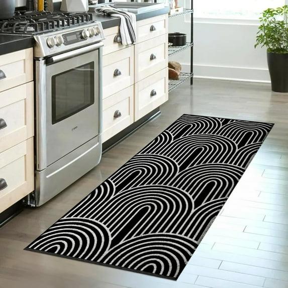 SUNDEREY 2'x4.3' Morden Kitchen Rug,2x4.3ft Washable Hallway Runner Rug ,Non Slip Reversible Cotton Rainbow Bedroom Runner Rugs for Indoor Outdoor Entryway Laundry Room,Black
